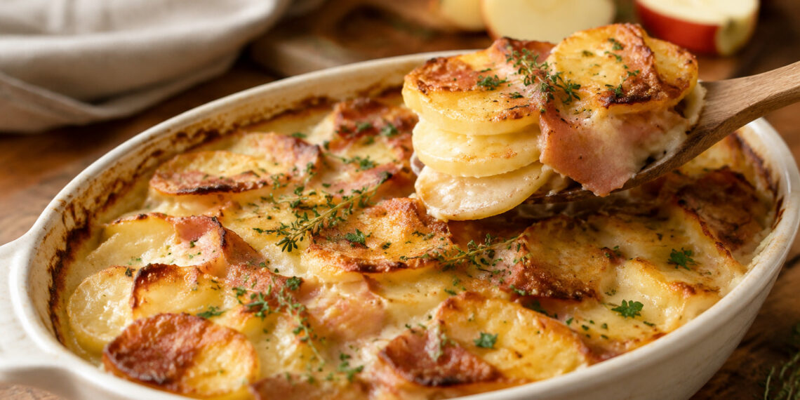 Potato And Apple Gratin with Smoked Pork in a Baking Dish