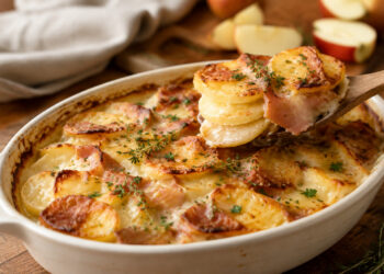 Potato And Apple Gratin with Smoked Pork in a Baking Dish