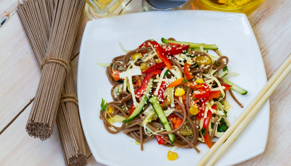 Asian Cucumber Salad with Soba Noodles and Sesame Seeds