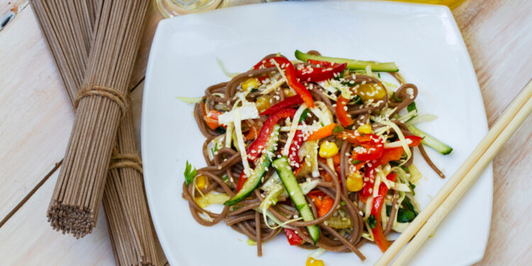 Asian Cucumber Salad with Soba Noodles and Sesame Seeds