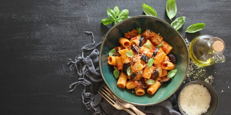 Garlicky Feta Eggplant Pasta
