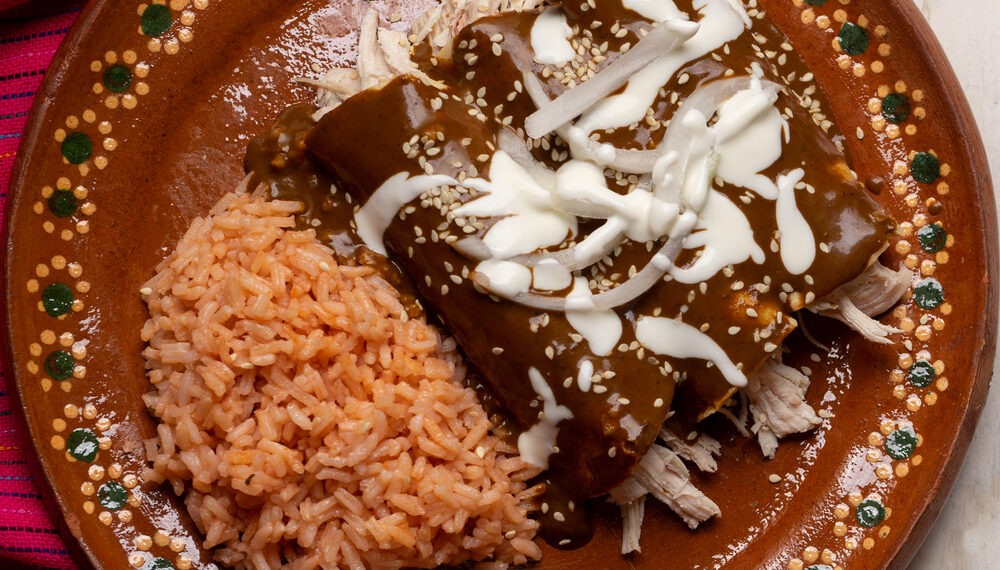 Carnitas with Orzo and Peppers in Red Mole Sauce