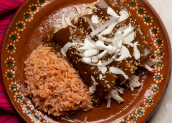 Carnitas with Orzo and Peppers in Red Mole Sauce