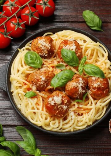 Lemony Chicken Ricotta Meatball Pasta Bake