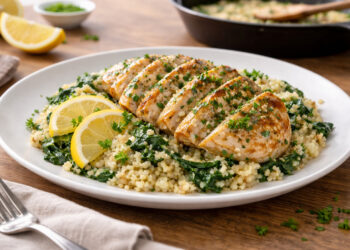Lemon Garlic Chicken with Herbed Couscous and Greens