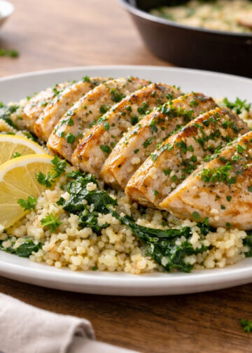 Lemon Garlic Chicken with Herbed Couscous and Greens