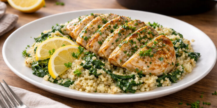 Lemon Garlic Chicken with Herbed Couscous and Greens