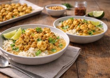 Roasted Cauliflower and Chickpea Coconut Curry with Lime Rice
