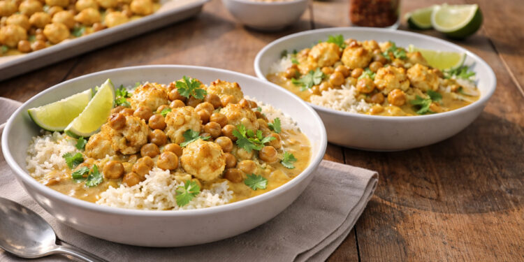 Roasted Cauliflower and Chickpea Coconut Curry with Lime Rice