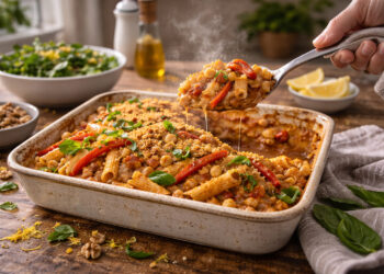 Smoky Chickpea and Roasted Pepper Walnut Pasta Bake