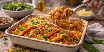 Smoky Chickpea and Roasted Pepper Walnut Pasta Bake