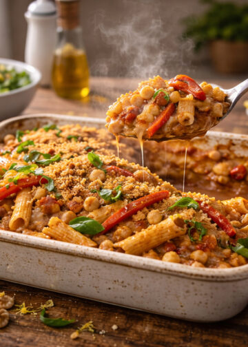 Smoky Chickpea and Roasted Pepper Walnut Pasta Bake