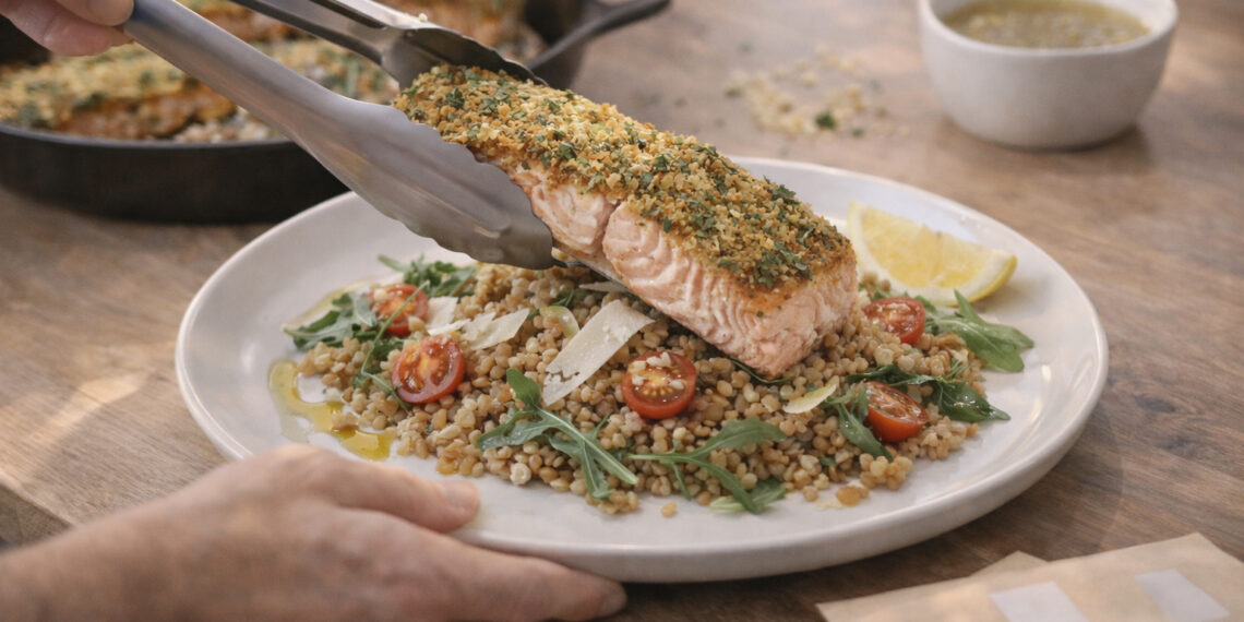 Roasted Herb-Crusted Salmon with Warm Farro Salad