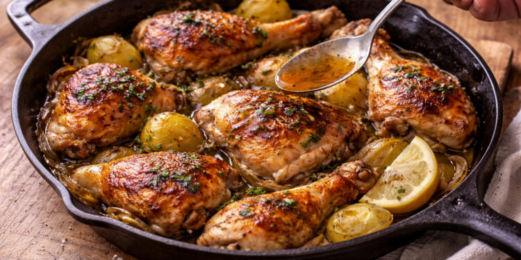 Garlic Butter Roast Chicken with Caramelized Onions and Potatoes