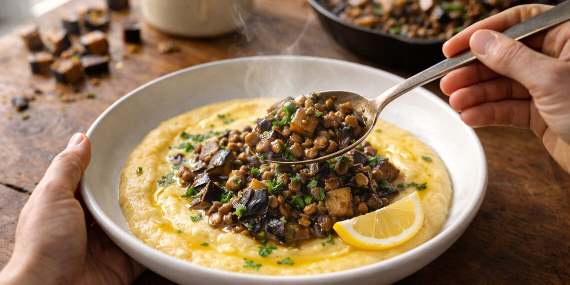 Herb-Roasted Eggplant and Lentil Ragout with Polenta