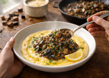 Herb-Roasted Eggplant and Lentil Ragout with Polenta