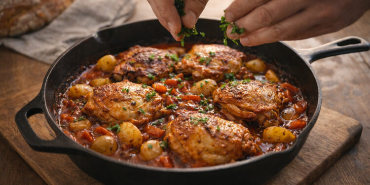 Roasted Chicken Thighs with Smoky Tomato Pepper Sauce