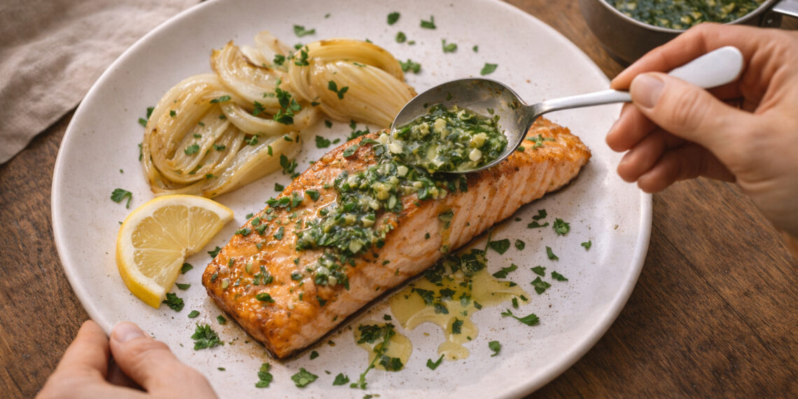 Garlic-Basil Buttered Salmon with Roasted Fennel