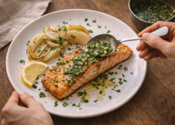 Garlic-Basil Buttered Salmon with Roasted Fennel