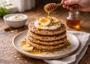 Whole Grain Banana Oat Breakfast Pancakes with Honey Yogurt