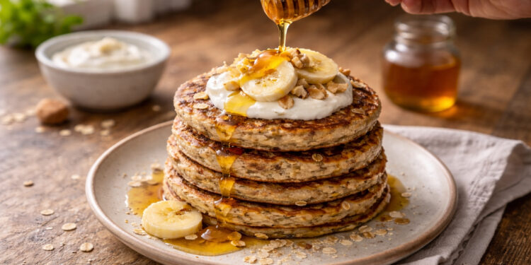 Whole Grain Banana Oat Breakfast Pancakes with Honey Yogurt