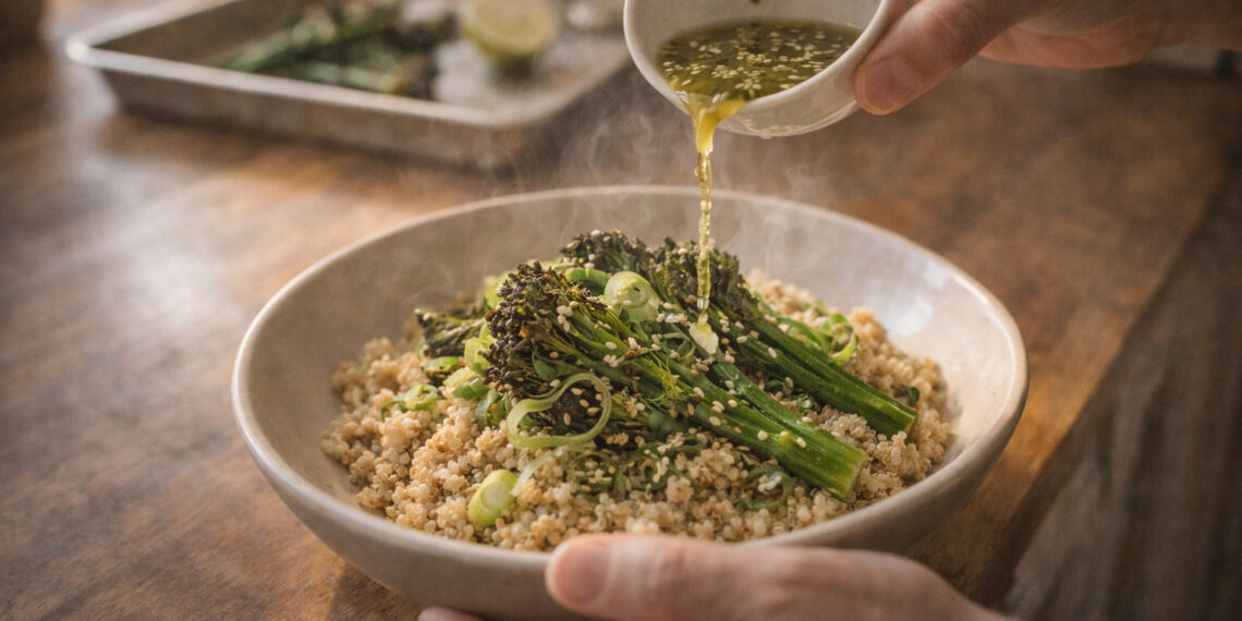 Warm Coconut-Ginger Quinoa Bowl with Charred Broccolini