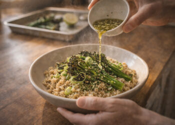 Warm Coconut-Ginger Quinoa Bowl with Charred Broccolini