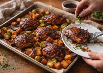 Sheet-Pan Balsamic Chicken with Sweet Potatoes and Brussels Sprouts
