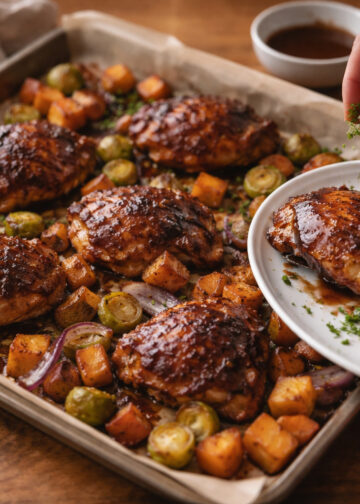 Sheet-Pan Balsamic Chicken with Sweet Potatoes and Brussels Sprouts