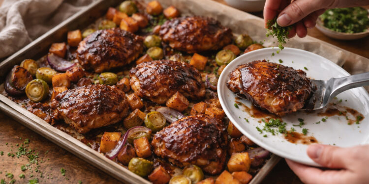 Sheet-Pan Balsamic Chicken with Sweet Potatoes and Brussels Sprouts