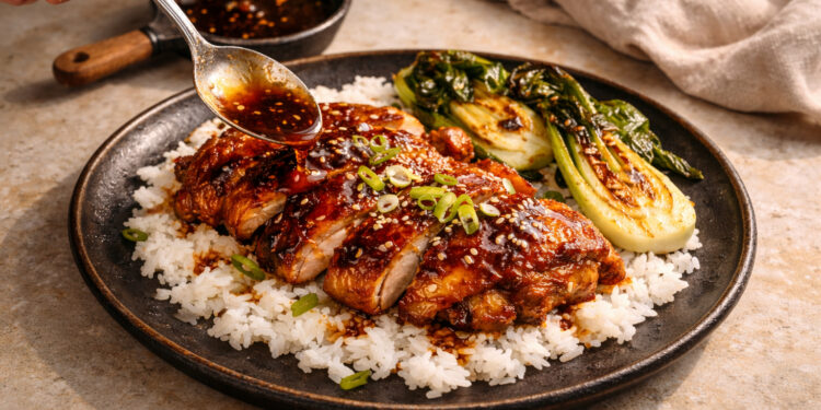Spicy Honey-Soy Glazed Chicken with Sesame Bok Choy