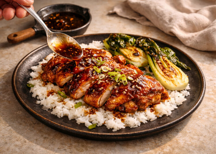 Spicy Honey-Soy Glazed Chicken with Sesame Bok Choy
