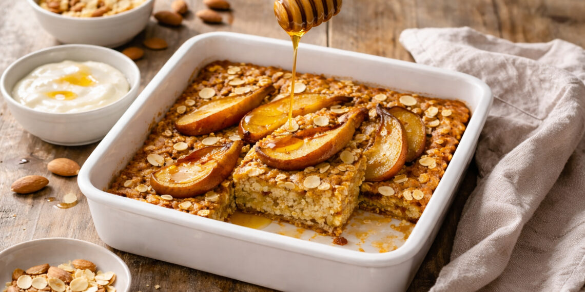 Honey Almond Baked Oatmeal with Roasted Pears