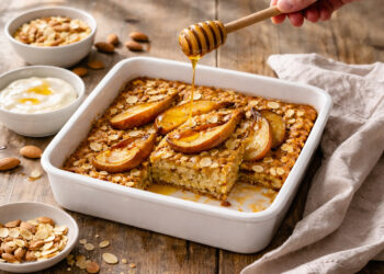 Honey Almond Baked Oatmeal with Roasted Pears