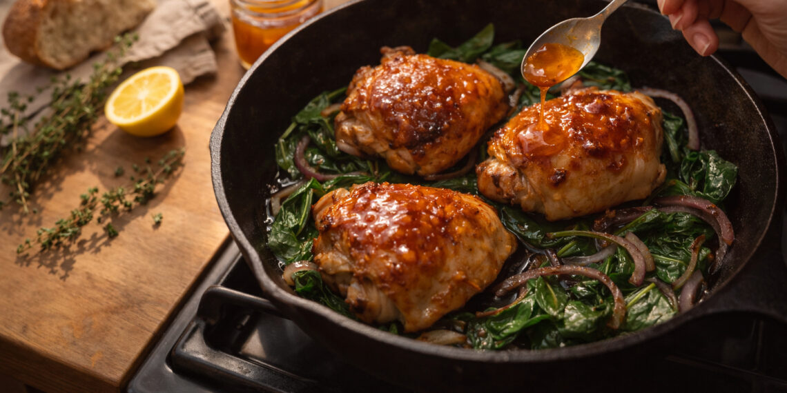 Pan-Roasted Chicken Thighs with Apricot Glaze and Greens
