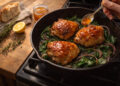Pan-Roasted Chicken Thighs with Apricot Glaze and Greens