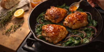Pan-Roasted Chicken Thighs with Apricot Glaze and Greens