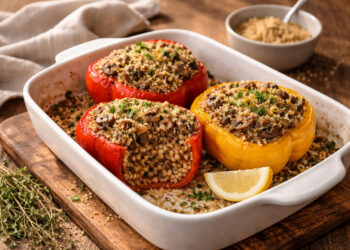 Mushroom and Farro Stuffed Bell Peppers with Thyme