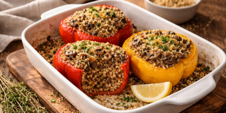 Mushroom and Farro Stuffed Bell Peppers with Thyme