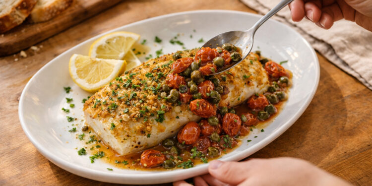 Crispy Lemon-Parsley Cod with Warm Tomato Caper Ragout