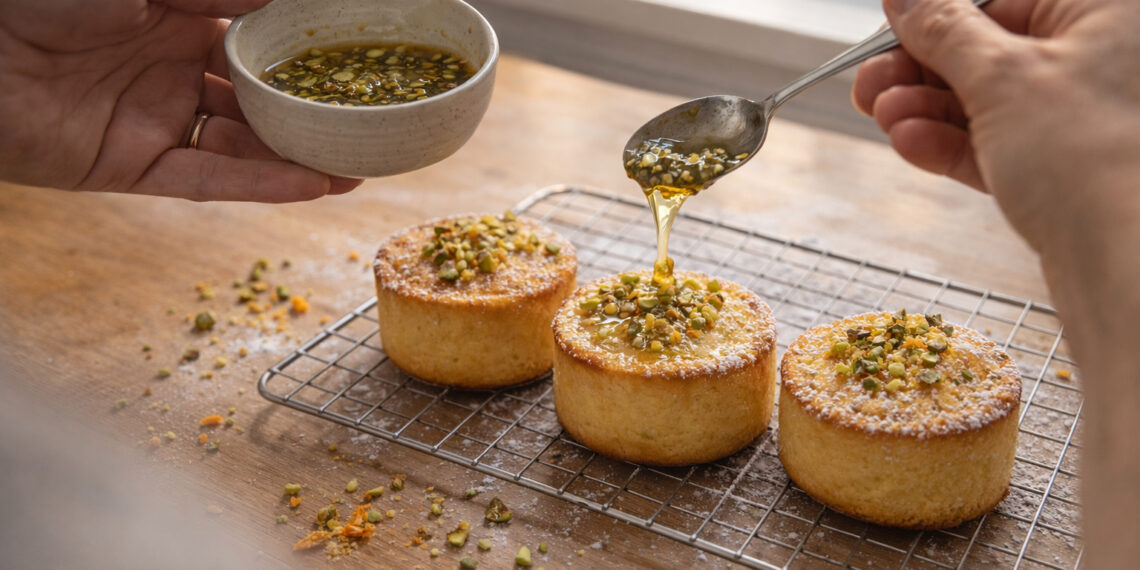Vanilla Orange Ricotta Cakes with Pistachio Honey Drizzle