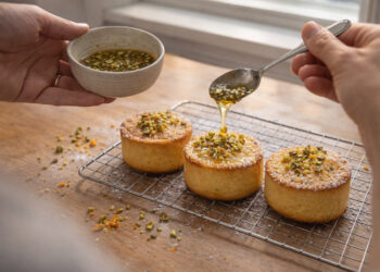 Vanilla Orange Ricotta Cakes with Pistachio Honey Drizzle