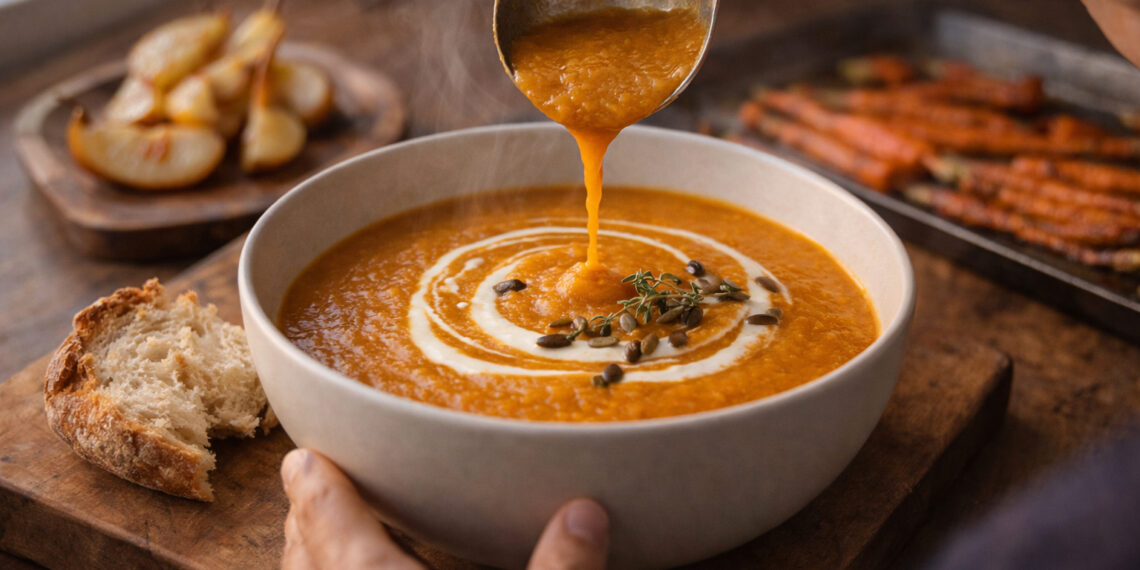 Autumn Roasted Pear and Carrot Soup with Thyme