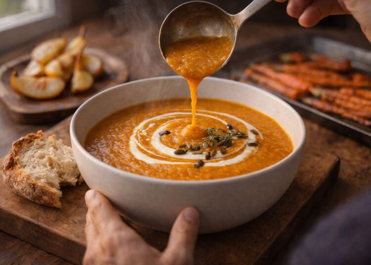 Autumn Roasted Pear and Carrot Soup with Thyme