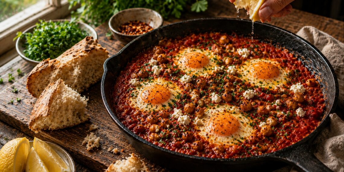 Smoky Paprika Shakshuka with Crispy Chickpea Croutons