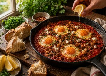 Smoky Paprika Shakshuka with Crispy Chickpea Croutons