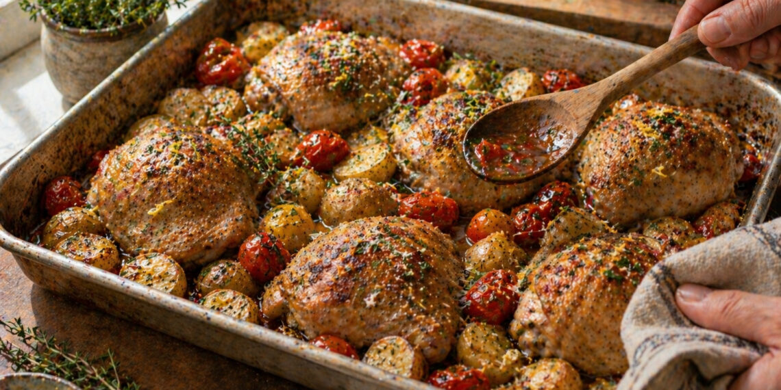 Roasted Cherry Tomato Chicken with Parmesan Herb Potatoes
