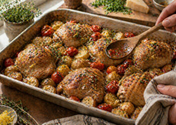 Roasted Cherry Tomato Chicken with Parmesan Herb Potatoes
