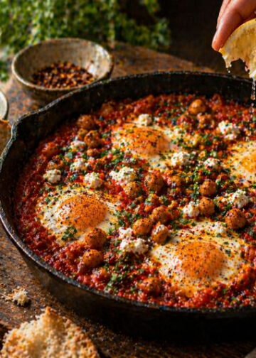 Smoky Paprika Shakshuka with Crispy Chickpea Croutons