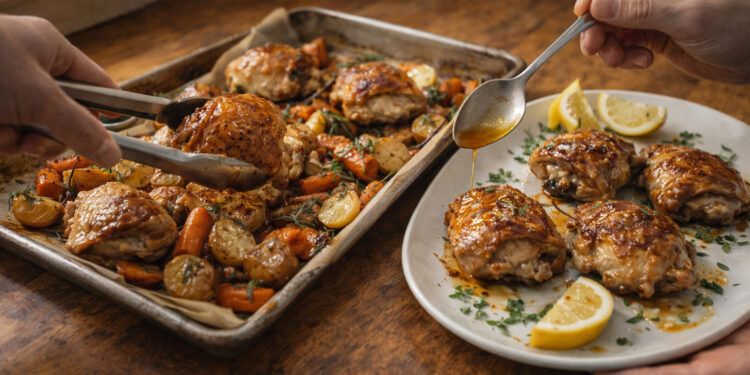 Tarragon Honey Chicken with Roasted Carrots and Potatoes